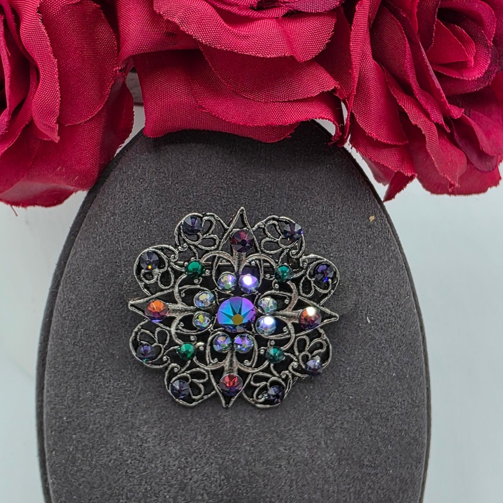 Anne Koplik Designs Antiqued Silver Multi Color Crystal Filigree Brooch Pin Glam